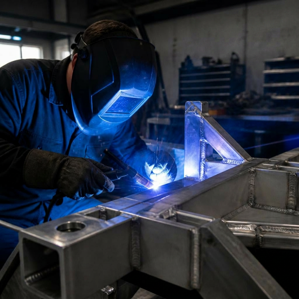 Fabricator TIG welding an aluminum frame