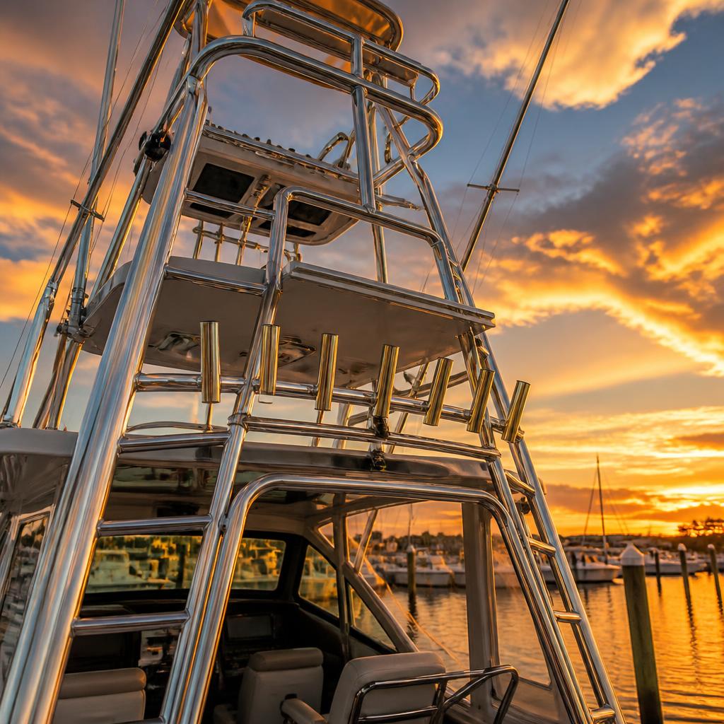 Custom aluminum tuna tower at golden hour
