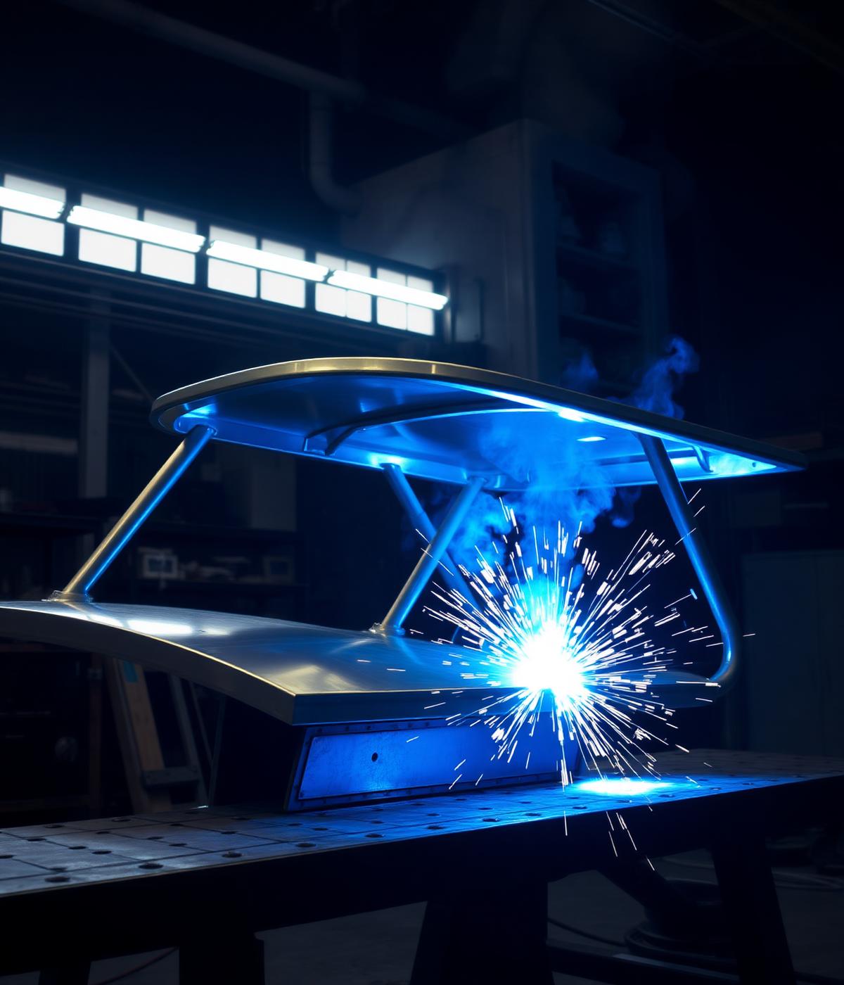 Custom aluminum boat T-top being welded in the Saltwater Fabrication shop